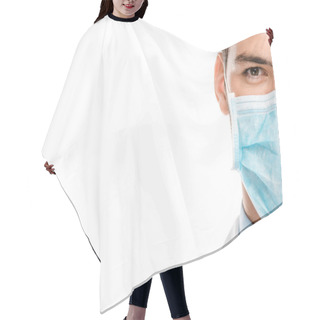 Personality  Cropped Image Of Young Male Doctor In Medical Mask Isolated On White  Hair Cutting Cape