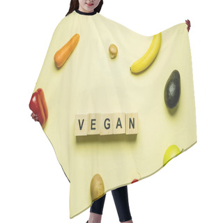 Personality  Top View Of Cubes With Vegan Lettering Near Fresh Food On Yellow Background  Hair Cutting Cape