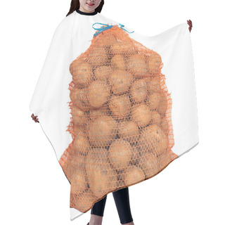 Personality  Sack Of Eco Fresh Raw Potatoes Isolated On White Background. Hair Cutting Cape