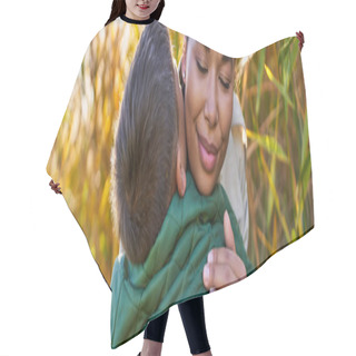 Personality  Happiness, Motherly Love, African American Mother Hugging Son In Autumnal Outerwear, Banner Hair Cutting Cape