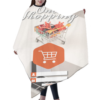 Personality  Laptop With Credit Card And Toy Gifts In Cart On Table, Online Shopping Concept Hair Cutting Cape