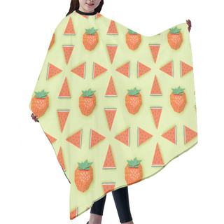 Personality  Top View Of Pattern With Handmade Red Paper Strawberries And Watermelon Slices Isolated On Green Hair Cutting Cape