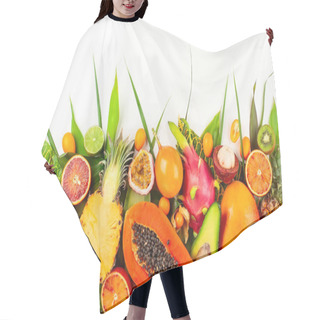 Personality  Still Life With Fresh Assorted Exotic Fruits On A Palm Leaf.  Hair Cutting Cape