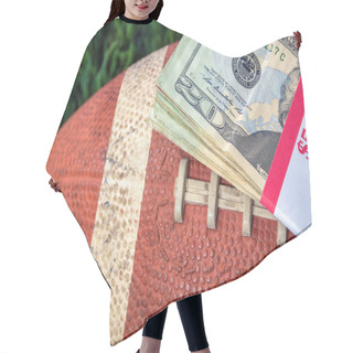 Personality  Close Up Of Wrapped Money Stack On Used Football With Green Grass Background Hair Cutting Cape