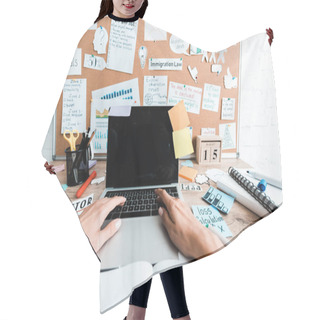 Personality  Cropped View Of Woman Typing On Laptop Keyboard Near Notice Board With Letters  Hair Cutting Cape