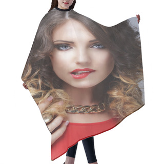 Personality  Desire. Flirtatious Woman Biting Her Sexy Lips Hair Cutting Cape