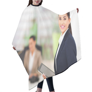 Personality  Modern Businesswoman Holding Tablet Computer Hair Cutting Cape