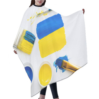 Personality  Top View Of Painted Ukrainian Flag Near Paints And Paintbrushes On White Background  Hair Cutting Cape