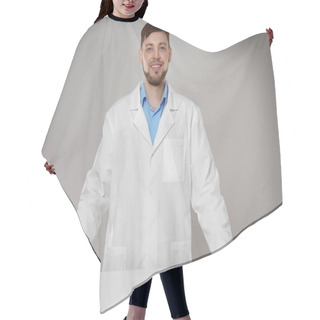 Personality  Young Pharmacist Standing At Table Hair Cutting Cape