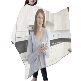 Personality  Woman Standing In New Luxury Fitted Kitchen Hair Cutting Cape