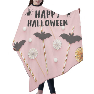Personality  Top View Of Bats On Sticks On Pink Background With Happy Halloween And Spiders Illustration, Halloween Decoration Hair Cutting Cape