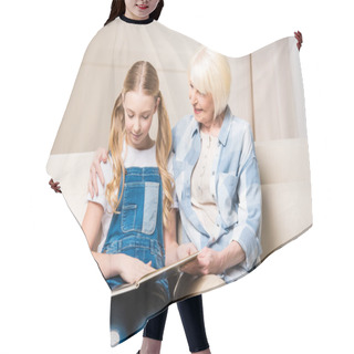 Personality  Grandmother And Girl With Photo Album Hair Cutting Cape