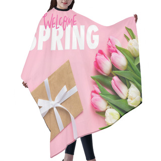 Personality  Top View Of Envelope With Bow And Bouquet Of Tulips On Pink Surface, Welcome Spring Illustration Hair Cutting Cape