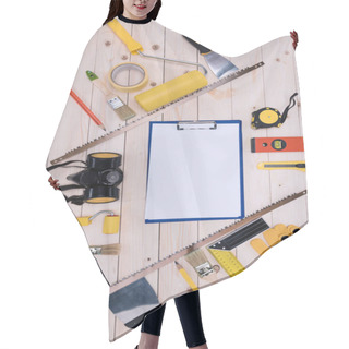 Personality  Top View Of Set Of Construction Tools And Blank Clipboard  Hair Cutting Cape
