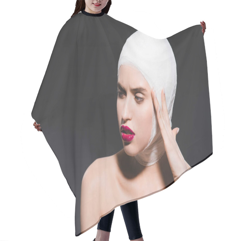 Personality  Young Woman With Crimson Lips Touching Bandaged Head Isolated On Grey  Hair Cutting Cape