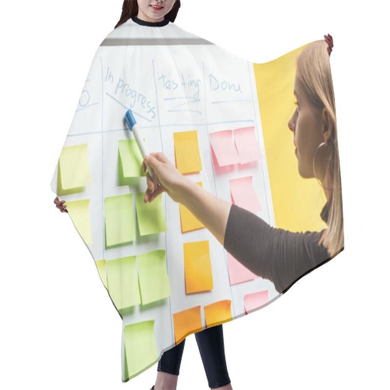 Personality  Profile Of Businesswoman Standing Near White Flipchart, Pointing At Words Over Sticky Notes Hair Cutting Cape