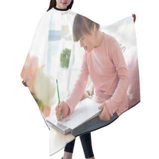 Personality  Cute Child With Down Syndrome Drawing With Pencil Hair Cutting Cape