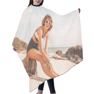 Personality  Attractive Young Woman In Bikini On The Beach Hair Cutting Cape