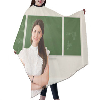Personality  Teacher On Background Of Blackboard Hair Cutting Cape