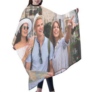 Personality  Travel, Vacation And Friendship Concept. Group Of Smiling Friend With City Map Exploring City Hair Cutting Cape