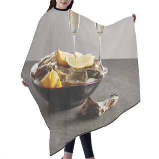 Personality  Selective Focus Of Delicious Oysters And Lemons In Bowl Near Champagne Glasses With Sparkling Wine Isolated On Grey  Hair Cutting Cape