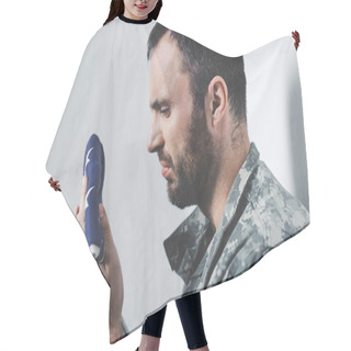 Personality  Sad Bearded Military Man Looking At Usa National Flag While Standing By White Wall Hair Cutting Cape