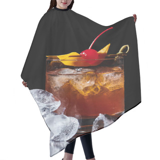 Personality  Sophisticated Elegant Negroni Cocktail With Cherry And Ice On Black Backdrop, Concept Hair Cutting Cape