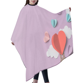Personality  Top View Of Colorful Paper Hearts And Clouds Around Heart Shaped Paper Air Balloon On Violet Background Hair Cutting Cape