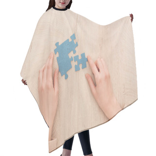 Personality  Partial View Of Female Hands With Blue Puzzles On Wooden Table Hair Cutting Cape
