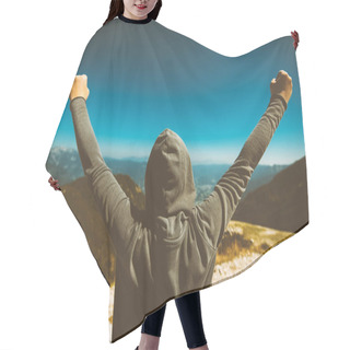 Personality  Achievement And Triumph. Victorious Female Person On Mountain To Hair Cutting Cape