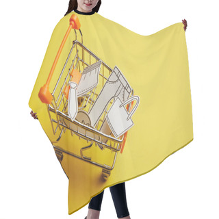 Personality  Close Up View Of Little Shopping Cart With Clothes Made Of Paper On Yellow Background Hair Cutting Cape