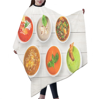 Personality  Variety Of Soups At White Wood, Top View Hair Cutting Cape