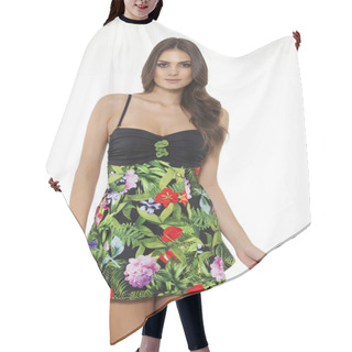Personality  Beautiful Girl Posing In Stylish Green Flower Detailed Black Tankini On White Background. Hair Cutting Cape