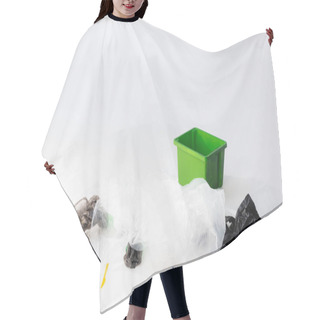 Personality  Plastic Bags, Bottles And Spoons Near Trash Can On White, Ecology Concept  Hair Cutting Cape