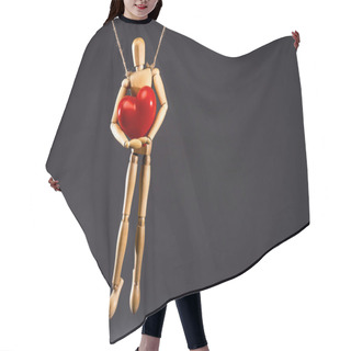 Personality  Wooden Marionette On Strings With Red Heart Isolated On Black Hair Cutting Cape