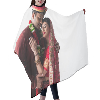 Personality  Happy Indian Couple Of Husband And Wife In Traditional Clothing Hugging Isolated On Grey  Hair Cutting Cape