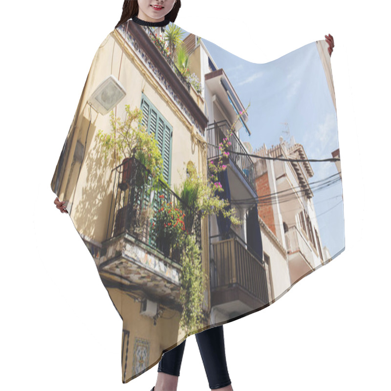 Personality  Urban Street With Plants On Balcony And Blue Sky At Background In Catalonia, Spain  Hair Cutting Cape