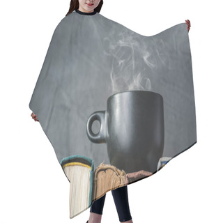 Personality  Black Cup Of Hot Tea On Books Hair Cutting Cape