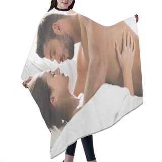 Personality  Passionate Young Couple Cuddling In Bed In Morning Hair Cutting Cape