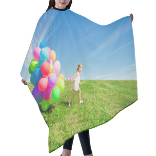 Personality  Little Girl Holding Colorful Balloons. Child Playing On A Green Hair Cutting Cape