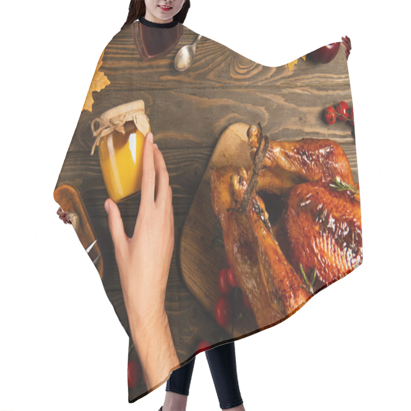 Personality  Cropped View Of Male Hand Near Jar Of Honey And Thanksgiving Turkey On Wooden Table With Fall Decor Hair Cutting Cape