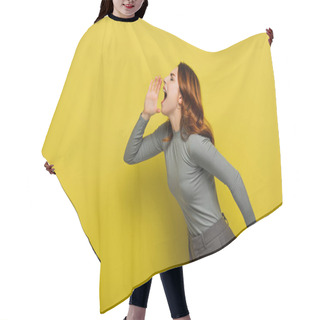 Personality  Young Woman With Wavy Hair Screaming On Yellow Hair Cutting Cape