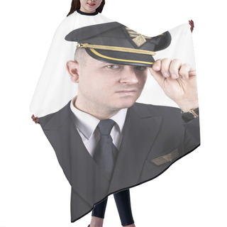 Personality  Serious Young Pilot In Uniform On A White Background Hair Cutting Cape