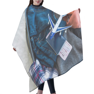 Personality  Close Up Of Suitcase With Clothes, Passport, Air Ticket And Airplane Model Hair Cutting Cape