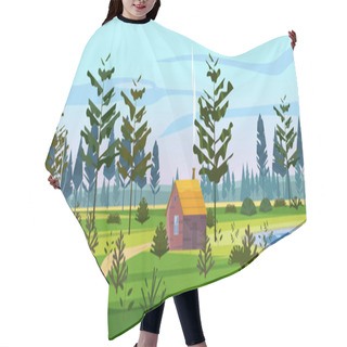Personality  Meadow And Forest Landscape Nature, Spruce Pine Trees, Grass And Bushes. Panorama Scenery Hut House Lonely Path Road. Vector Illustration Banner Poster Template Trendy Style Hair Cutting Cape