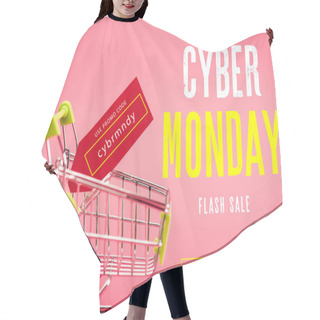 Personality  Red Tag With Use Promo Code Cybr Mndy Lettering In Small Shopping Trolley On Pink Hair Cutting Cape
