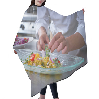 Personality  Chef Hands Garnishing Ceviche Dish Hair Cutting Cape