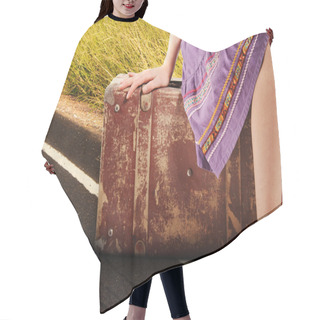 Personality  Woman With Old Vintage Suitcase On The Road Hair Cutting Cape