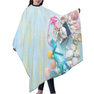 Personality  Casket And A Bottle Decorated With Shells On A Wooden Background With Peeled Paint And Cracks Background With Corals In Blur And Out Of Focus Hair Cutting Cape
