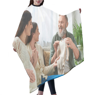 Personality  Happy Lgbt Couple Getting Singlet As Present From Grey Bearded Father Of One Of Them, Ivf Concept Hair Cutting Cape